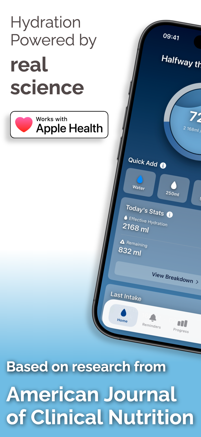 Schermata principale dell'app SupaHydrate con anello di progresso dell'assunzione giornaliera d'acqua e pulsanti rapidi per aggiungere bevande
